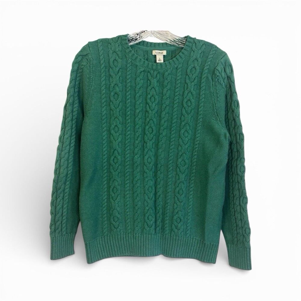 LL Bean Sweater Women Green Fisherman Cable Knit Chunky Cottage Vintage Y2K M